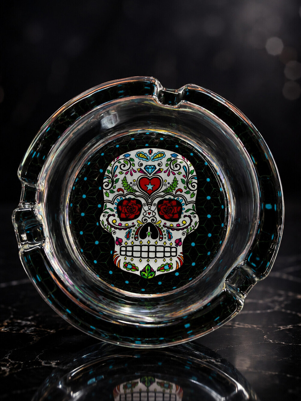 Ashtray Heavy Glass 3.25" Round - Sugar Skull- Black
